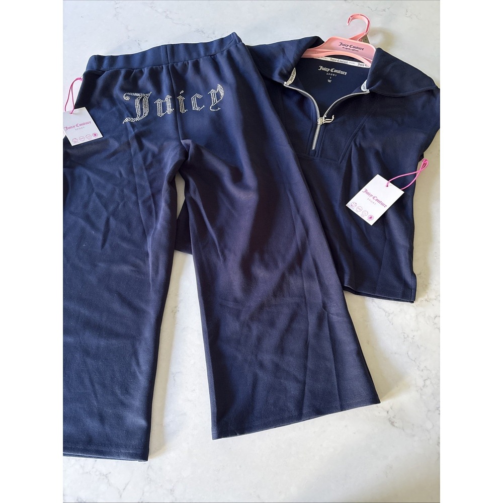 Juicy Couture Sport Navy 2-Piece Set 1/4 Zip Top Capri Sweatpants S Bling Logo